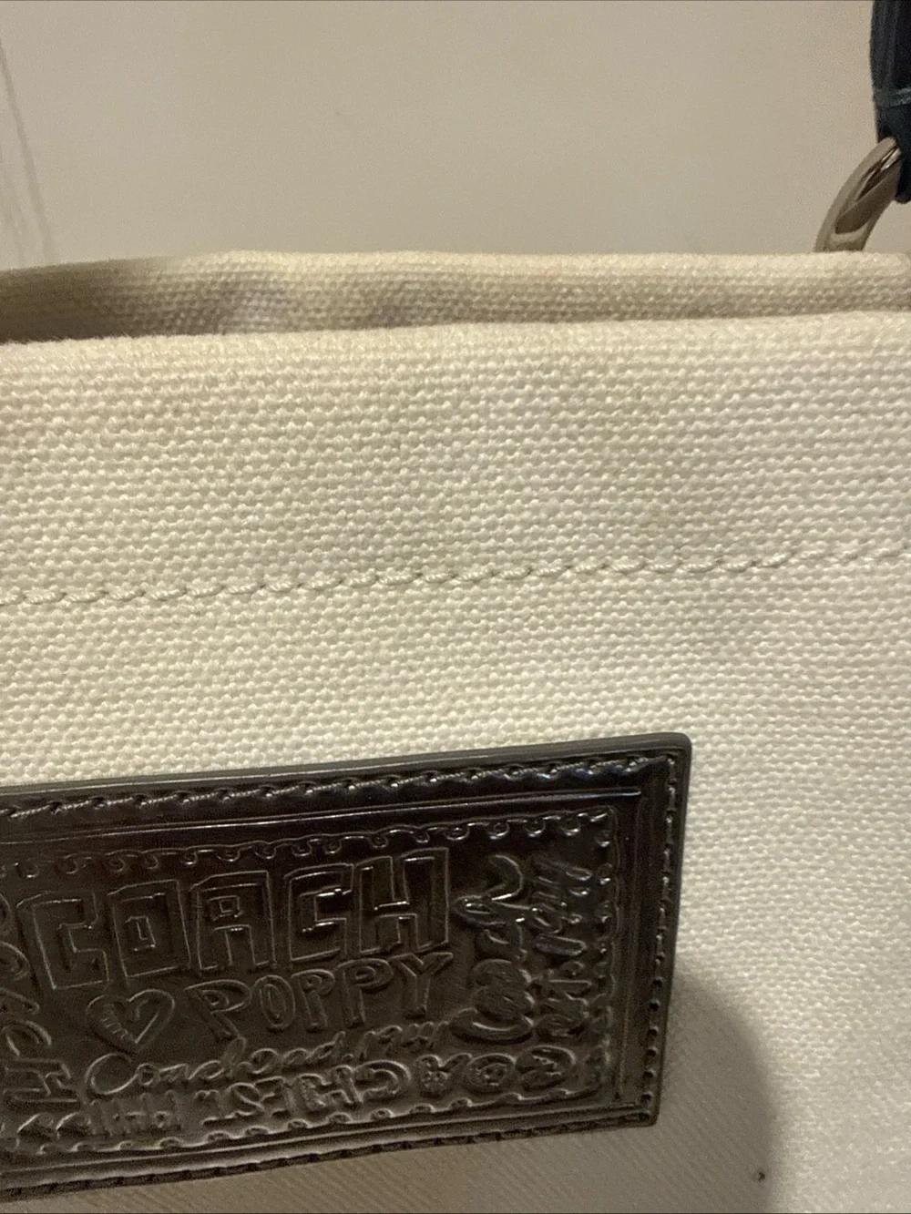 Coach Cream Canvas Tote with Blueberry Print & Navy Handles